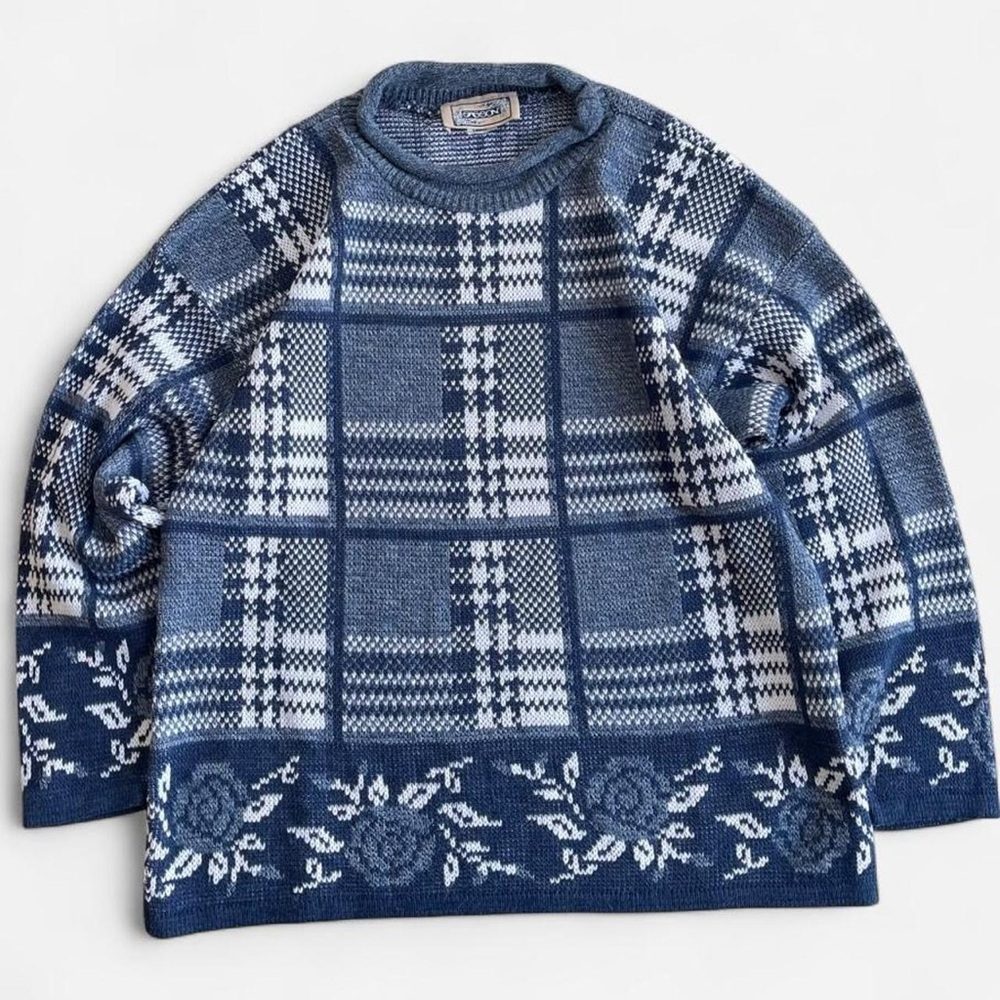 Vintage Sasson Blue & White Plaid Floral Knit Rolled Neck 90s Sweater L